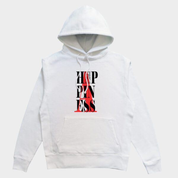 Pullover hoodie with minimalist style Happiness print on the front