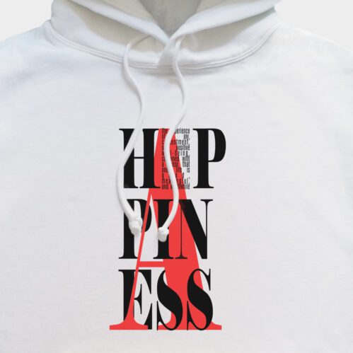 Pullover hoodie with minimalist style Happiness print on the front