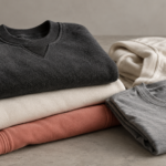Folded charcoal, natural, coral, and gray garments showing different fabric textures