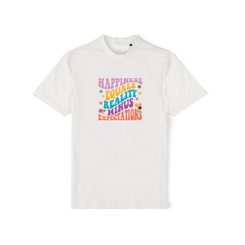 Happiness equals reality minus expectations print in colorful text