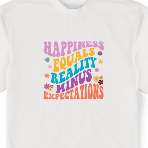 Happiness equals reality minus expectations print in colorful text