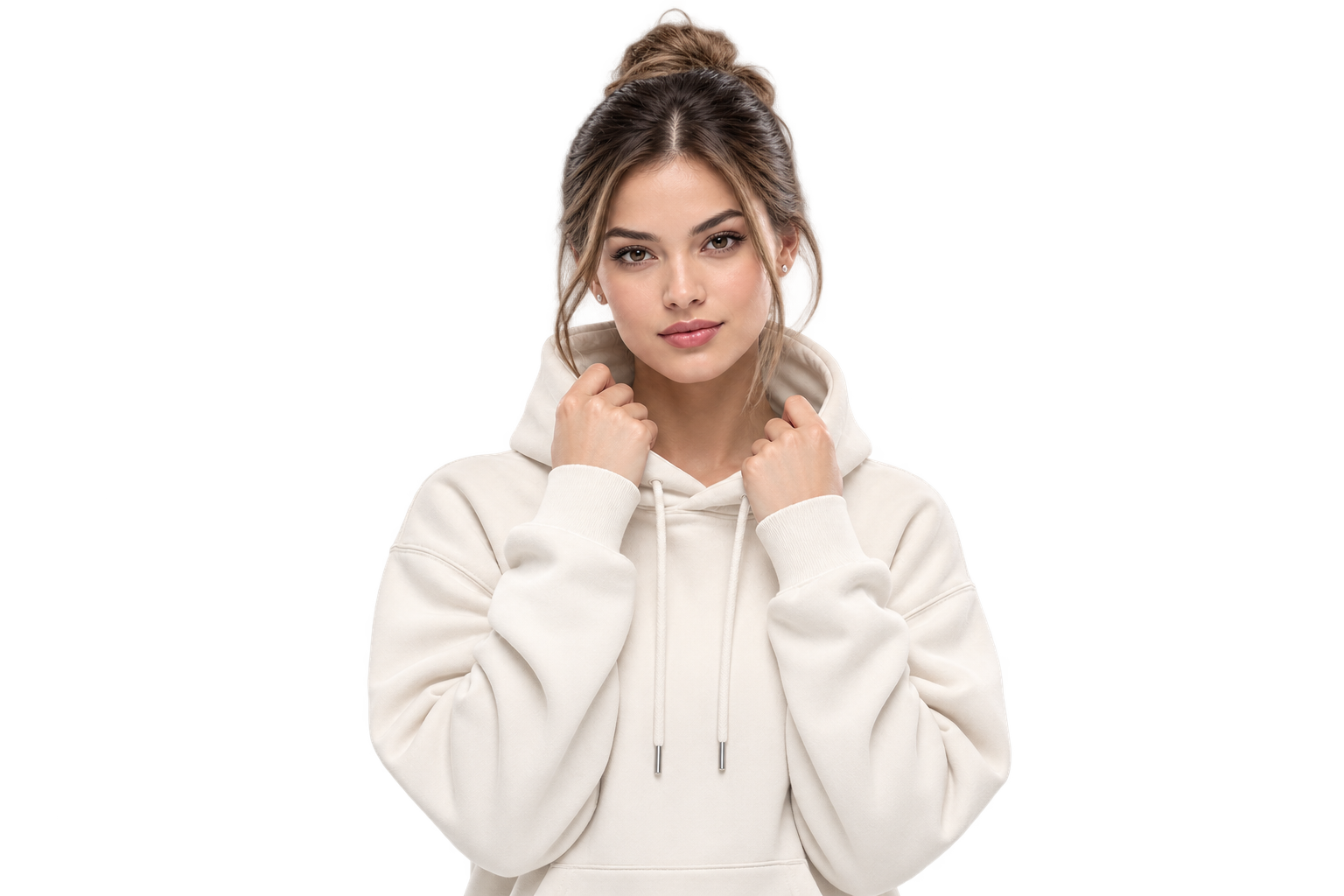 Model wearing a cream hoodie for Emerged Style