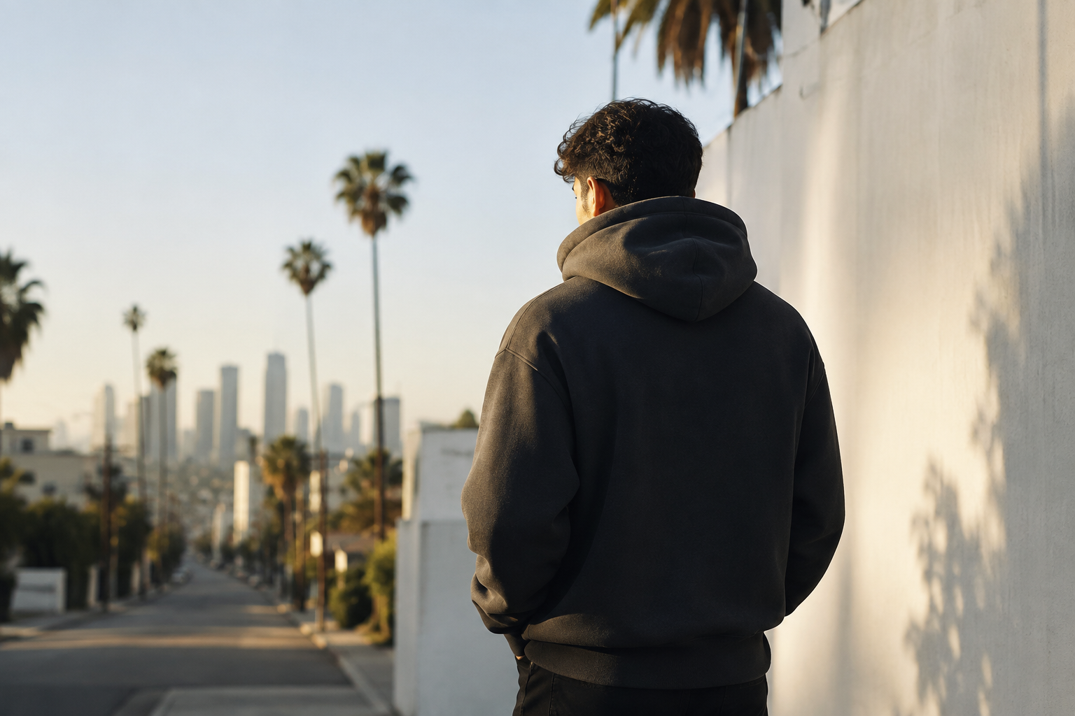 Person wearing a dark hoodie on a palm-lined Southern California street