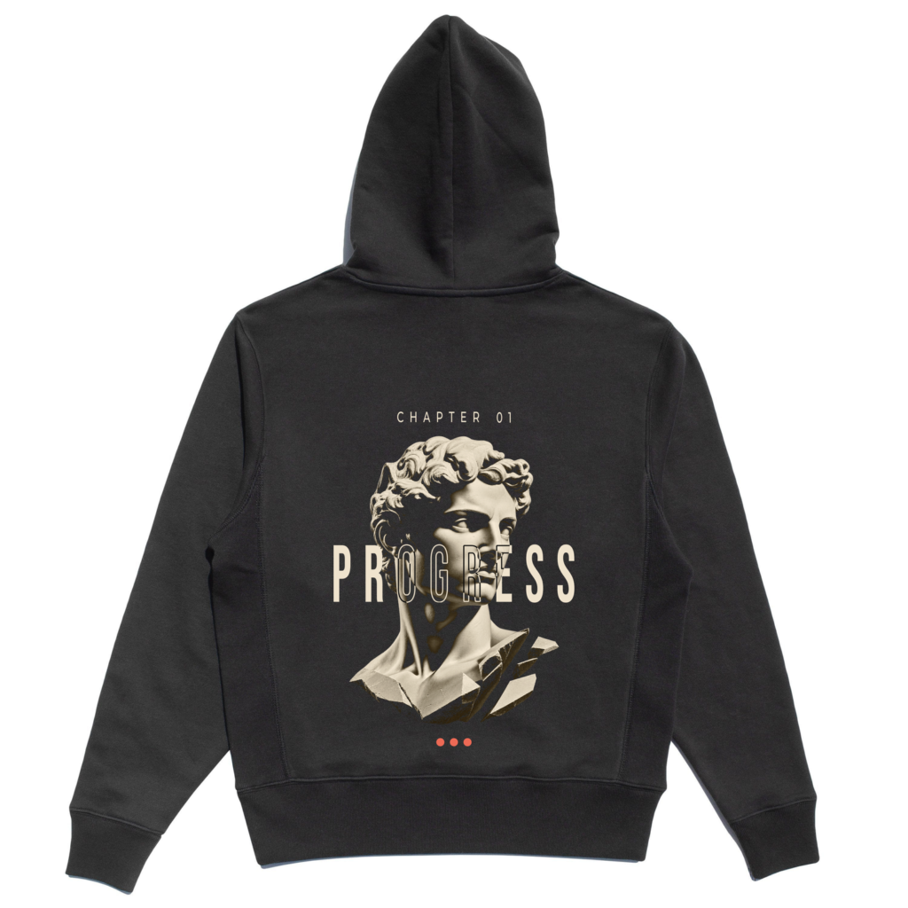 Back view of the black Unfinished Sculpture Hoodie with fragmented sculpture and PROGRESS artwork