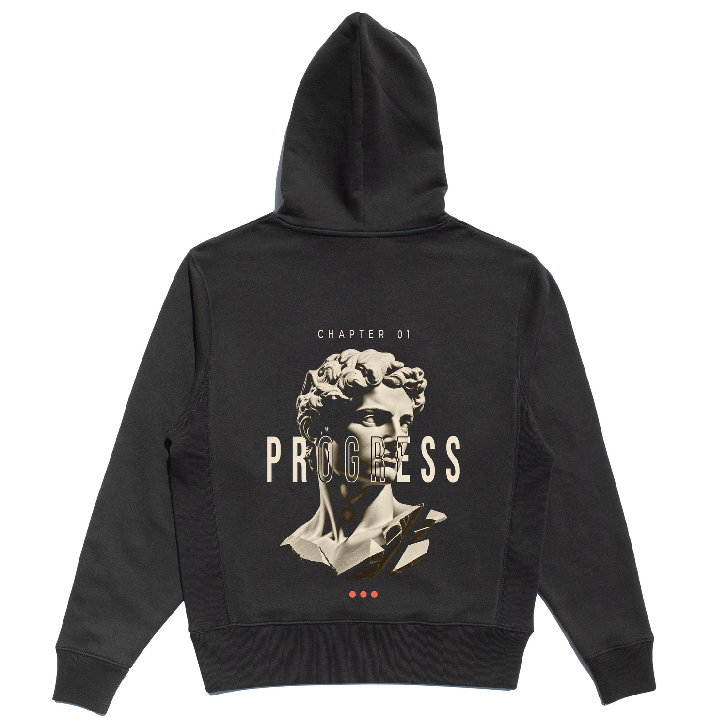 Back view of the black Unfinished Sculpture Hoodie with fragmented sculpture and PROGRESS artwork