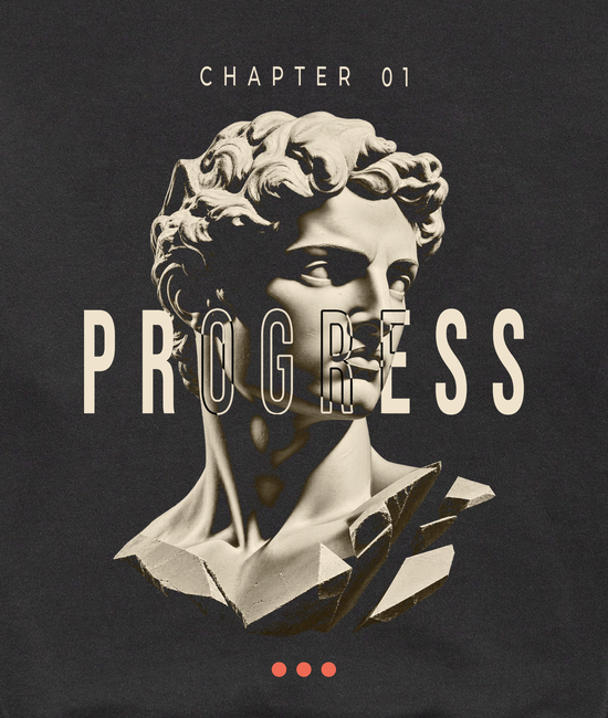 Close-up of the fragmented sculpture and PROGRESS artwork on the black hoodie