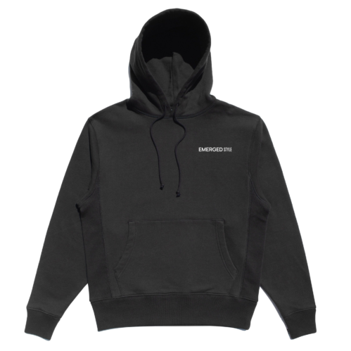 C1.1.1-H-MOCKUP-BLACK-FRONT-v1 Front view of the black Unfinished Sculpture Hoodie with Emerged Style chest wordmark