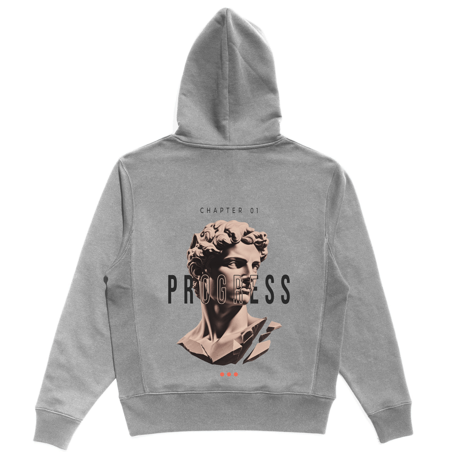 Back view of the Light Gray Unfinished Sculpture Hoodie with terracotta sculpture artwork