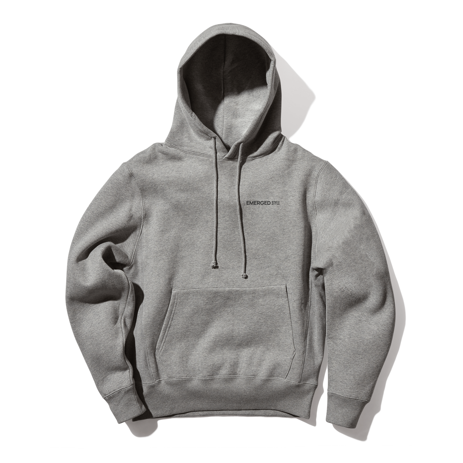 Front view of the Light Gray Unfinished Sculpture Hoodie with charcoal Emerged Style chest wordmark