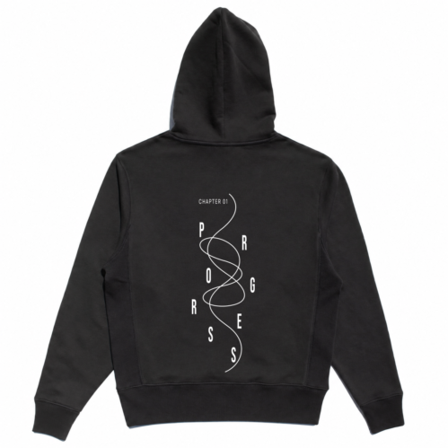 Back view of the black Controlled Chaos Hoodie with PROGRESS lettering and looping-line artwork.