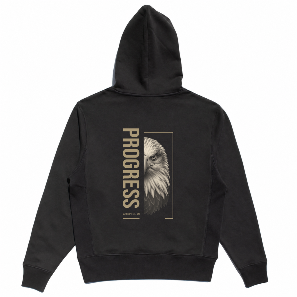 Back view of the black Eagle Editorial Hoodie with a half-face eagle portrait, vertical PROGRESS lettering, and CHAPTER 01 text.