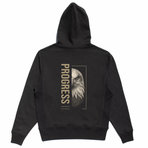 Back view of the black Eagle Editorial Hoodie with a half-face eagle portrait, vertical PROGRESS lettering, and CHAPTER 01 text.
