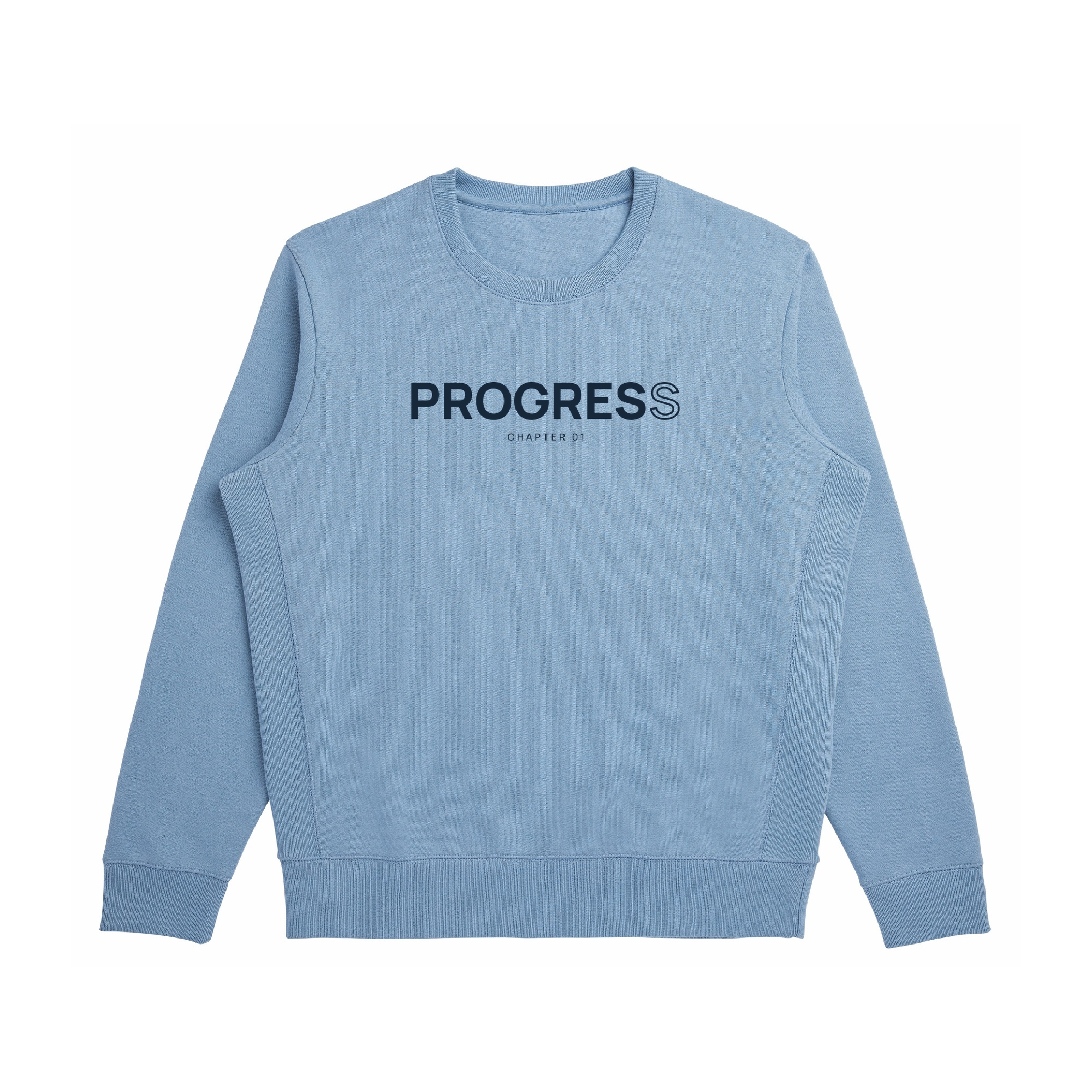 Front view of the Cloudy Blue Minimal Progress Sweatshirt with navy PROGRESS lettering, an outlined final S, and CHAPTER 01 text.